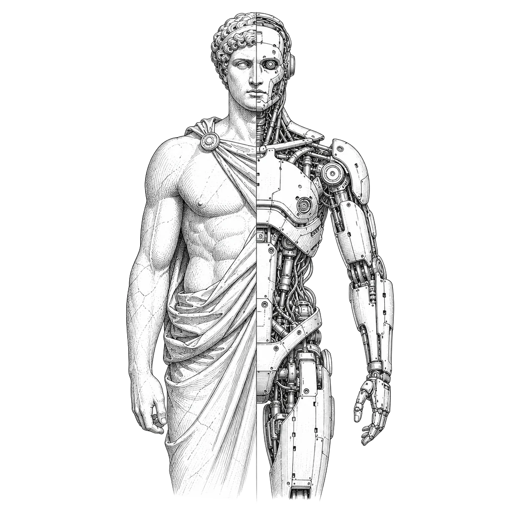 Half classical statue, half futuristic robot — Aedifico: to build